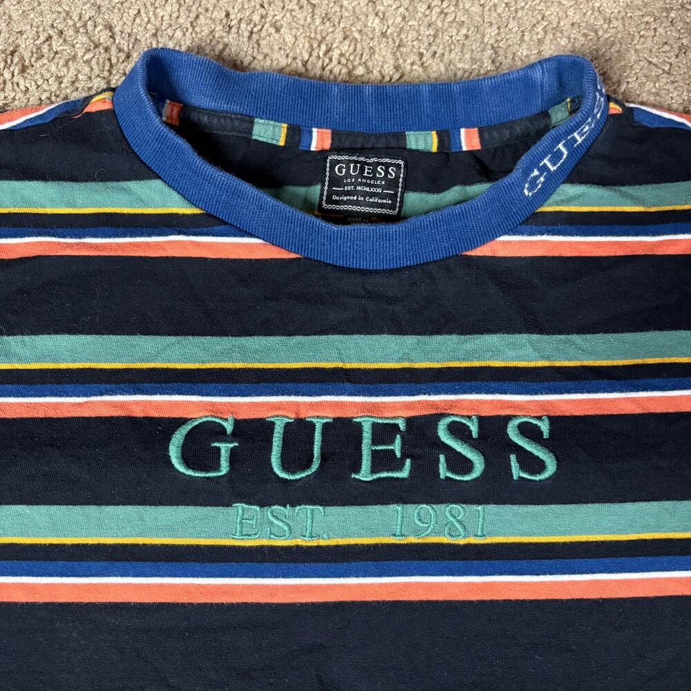 Guess Embroidered Striped Pattern T-Shirt Mens Sz S Black‎ Orange Green Retro - Picture 2 of 4